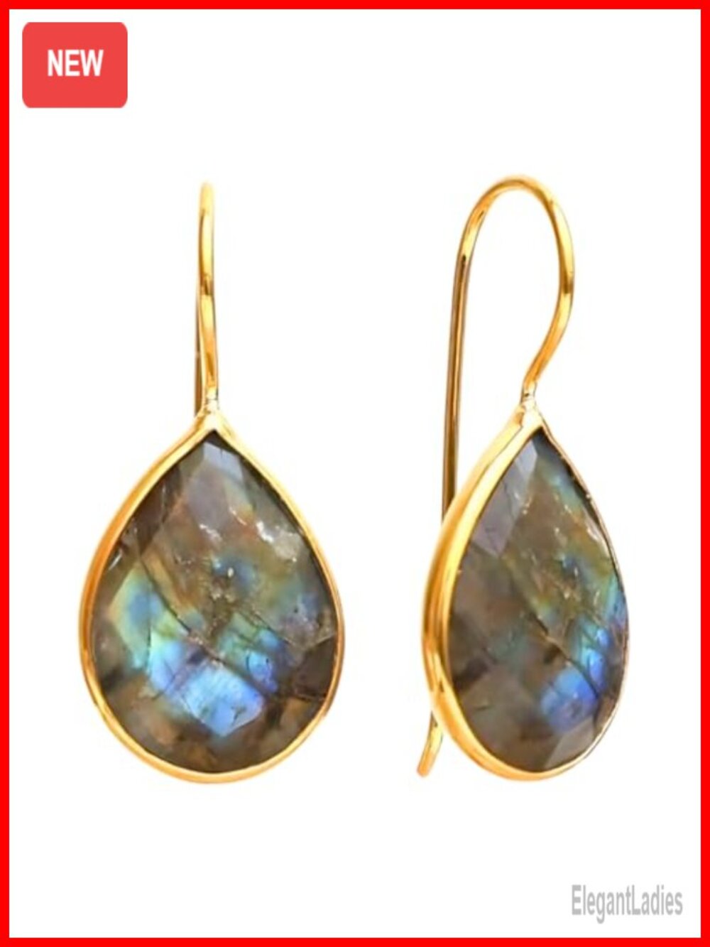Pear Shaped Teardrop Gemstone Bezel Dangle Drop Earrings 14k Gold Plated